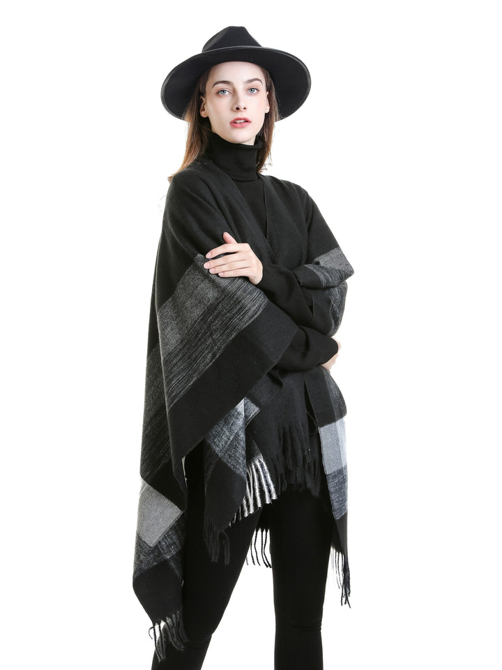 Lirelle - Geometric Pattern Fringed Poncho Shawl Wrap