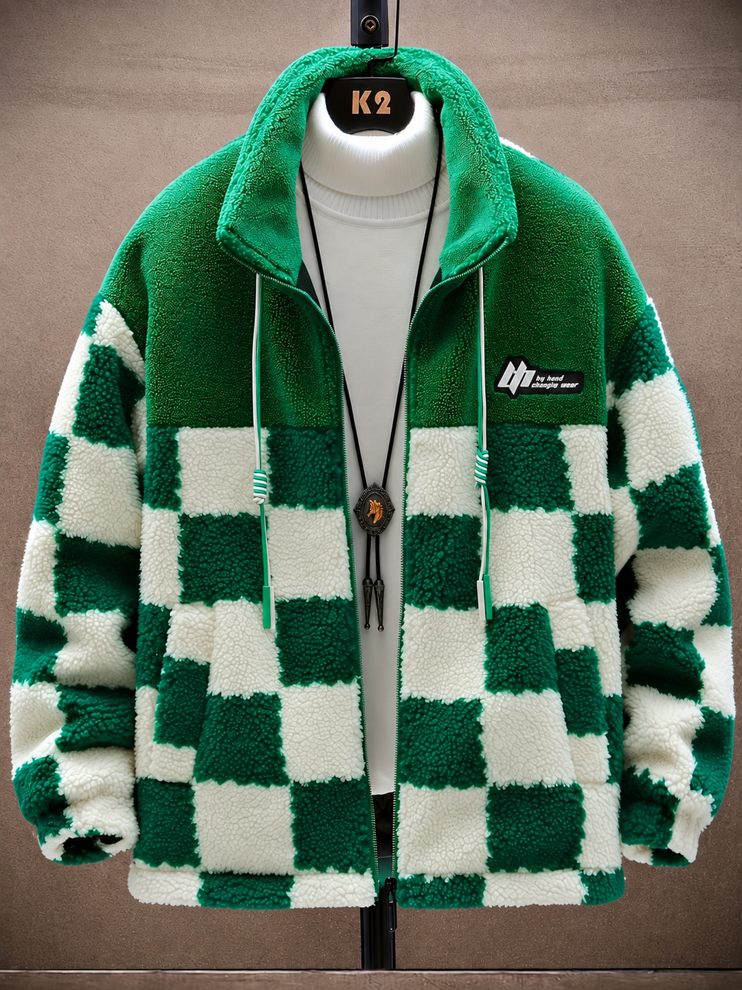 Opheeaa - Hooded Zip Up Checkered Fleece Jacket