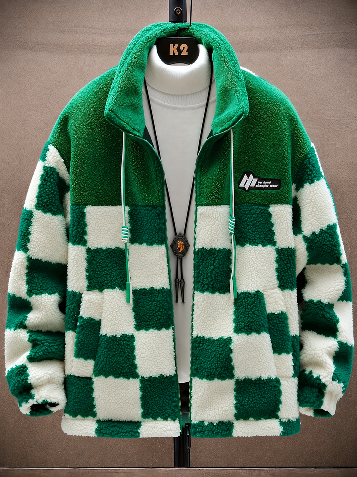Opheeaa - Hooded Zip Up Checkered Fleece Jacket