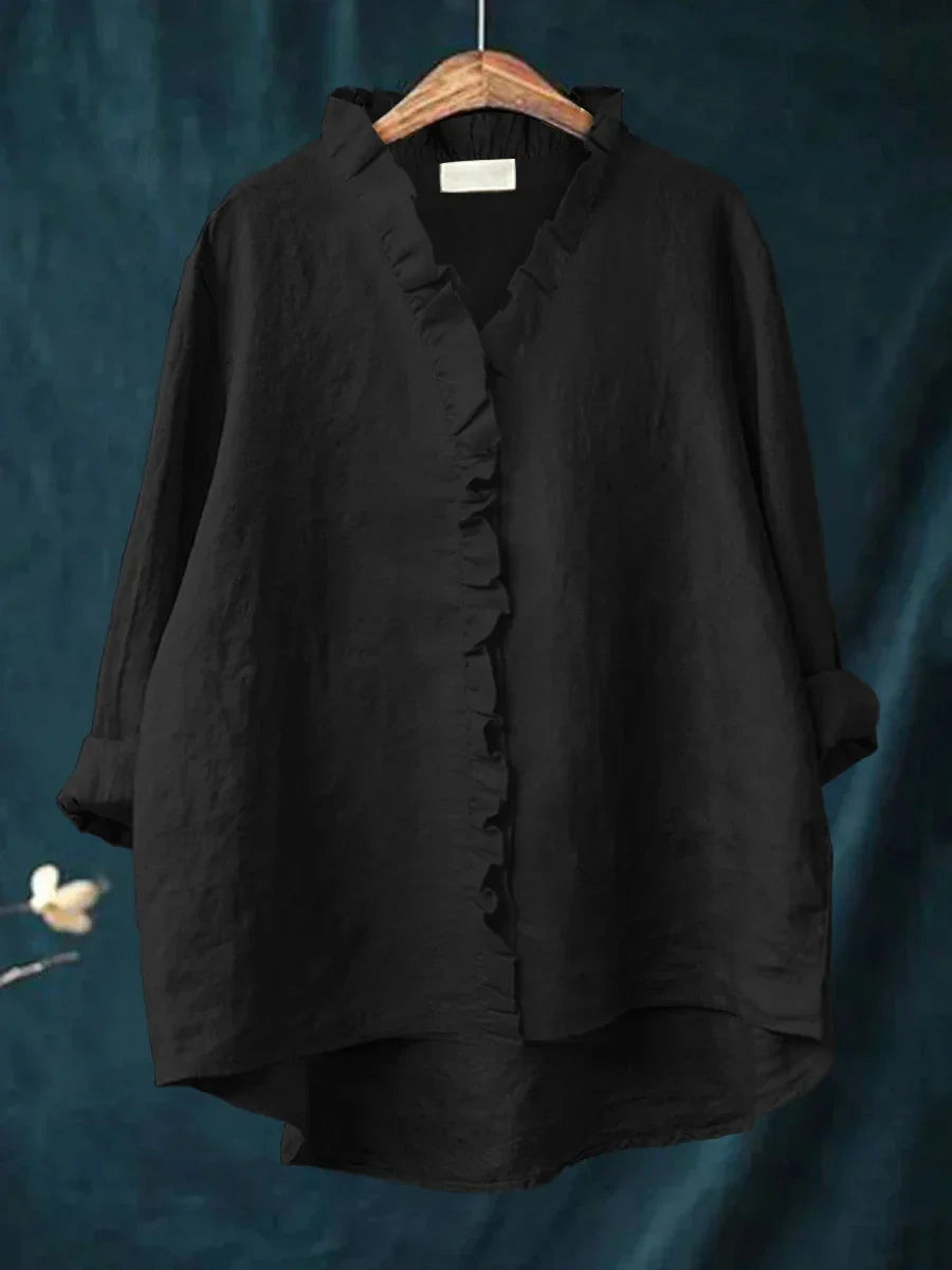 Sanela - Casual Cotton And Linen Ruffle Shirt
