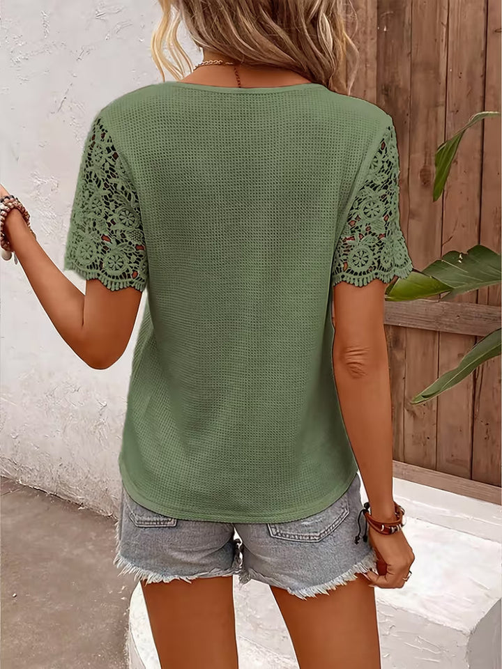 Sinna - Short Sleeve And V-neck Lace Panel Top