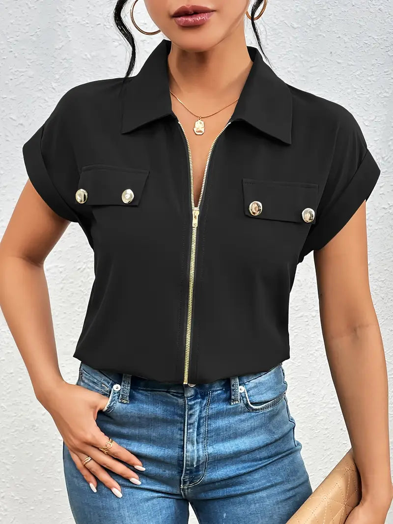 Alfano - Elegant Short Sleeve Blouse With Zipper