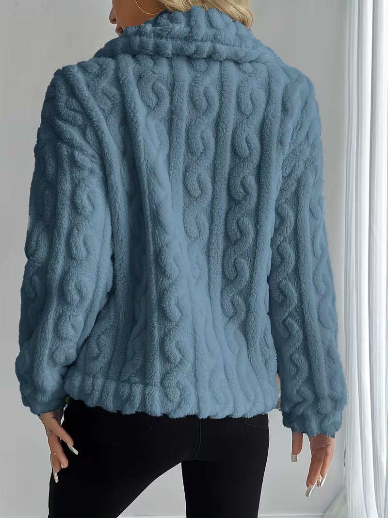Rosaella - Cable Textured Fuzzy Teddy Jacket