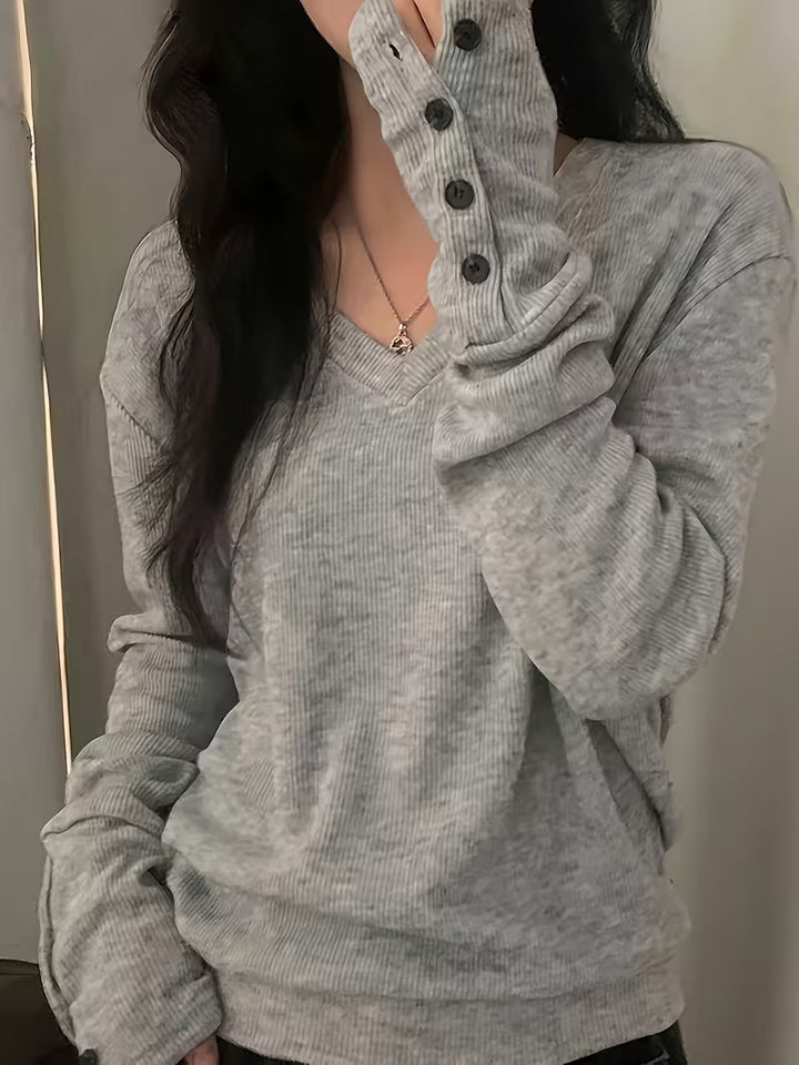Yarena - V-neck Ribbed Button Cuff Sweater