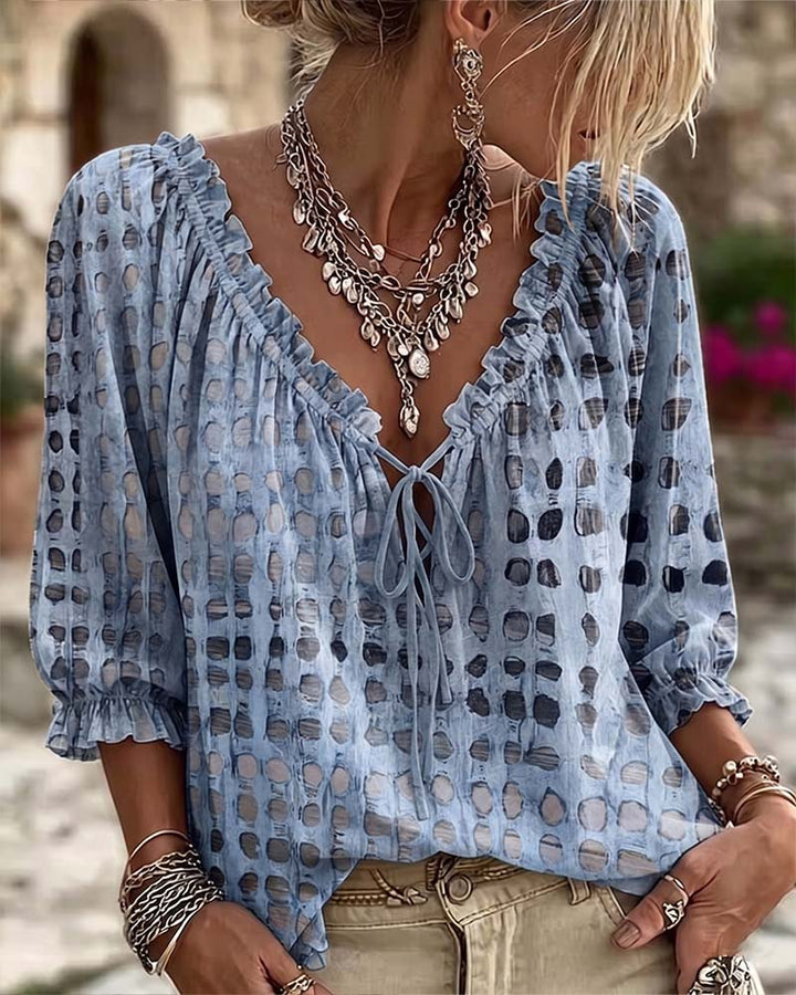Kesney - Polka Dot Blouse With Laces