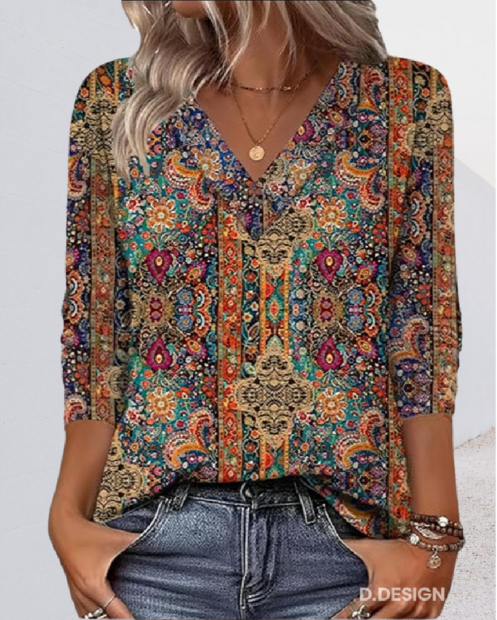 Eleeza - Retro Printed V-Neck Blouse