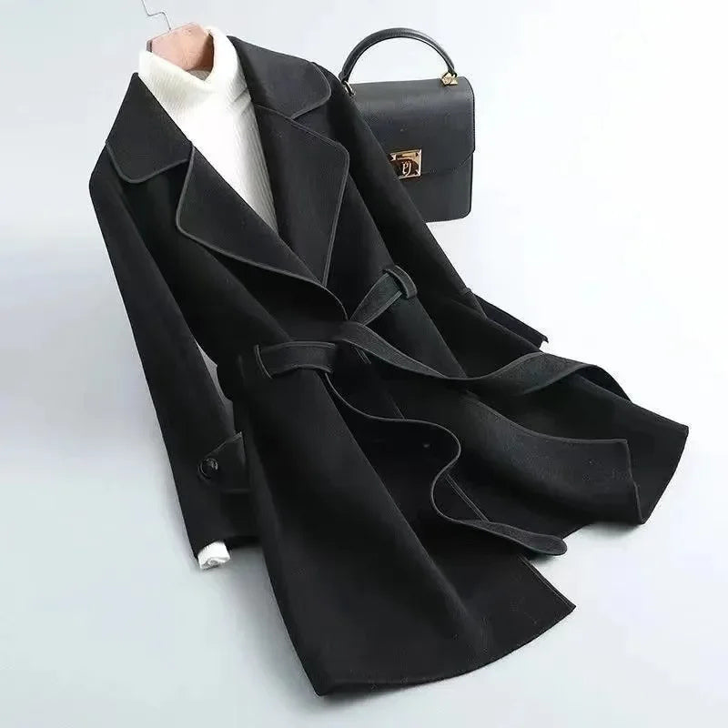 Aitana - Lapel Collar Trench Coat With Belt Tie