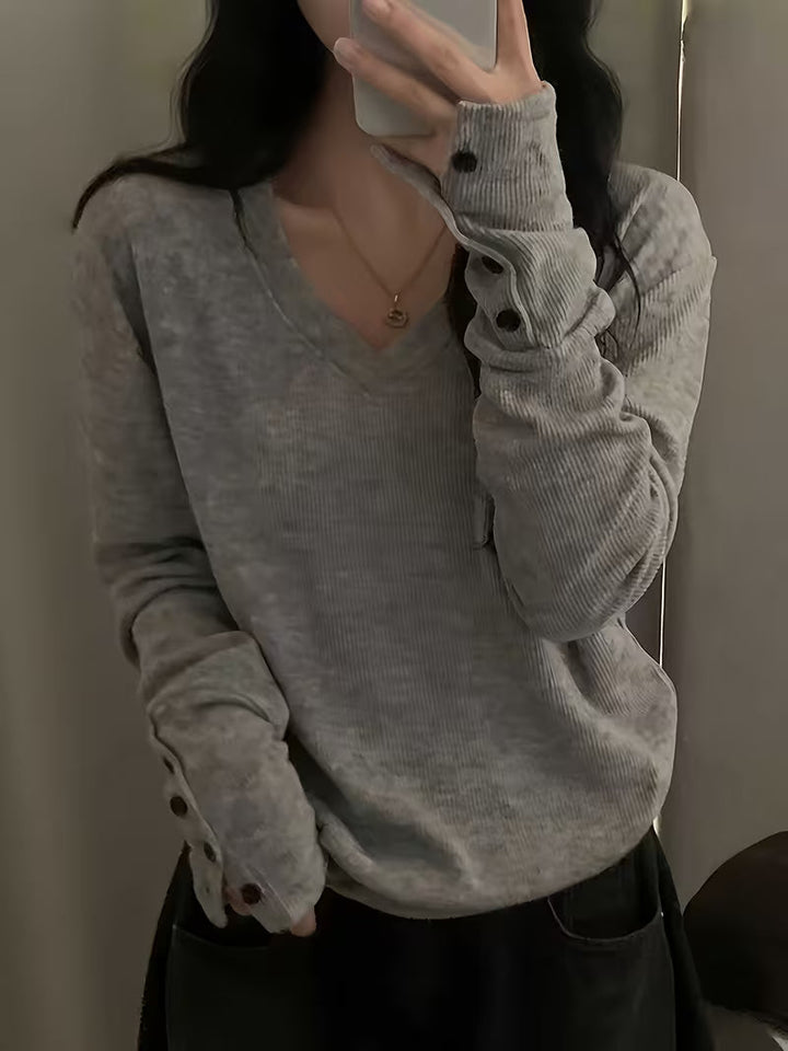 Yarena - V-neck Ribbed Button Cuff Sweater