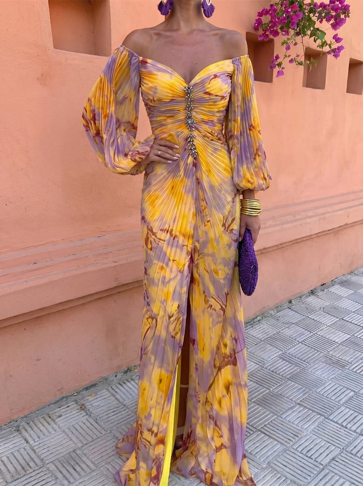 Calvillo - Long Sleeve Pleated Floral Maxi Dress