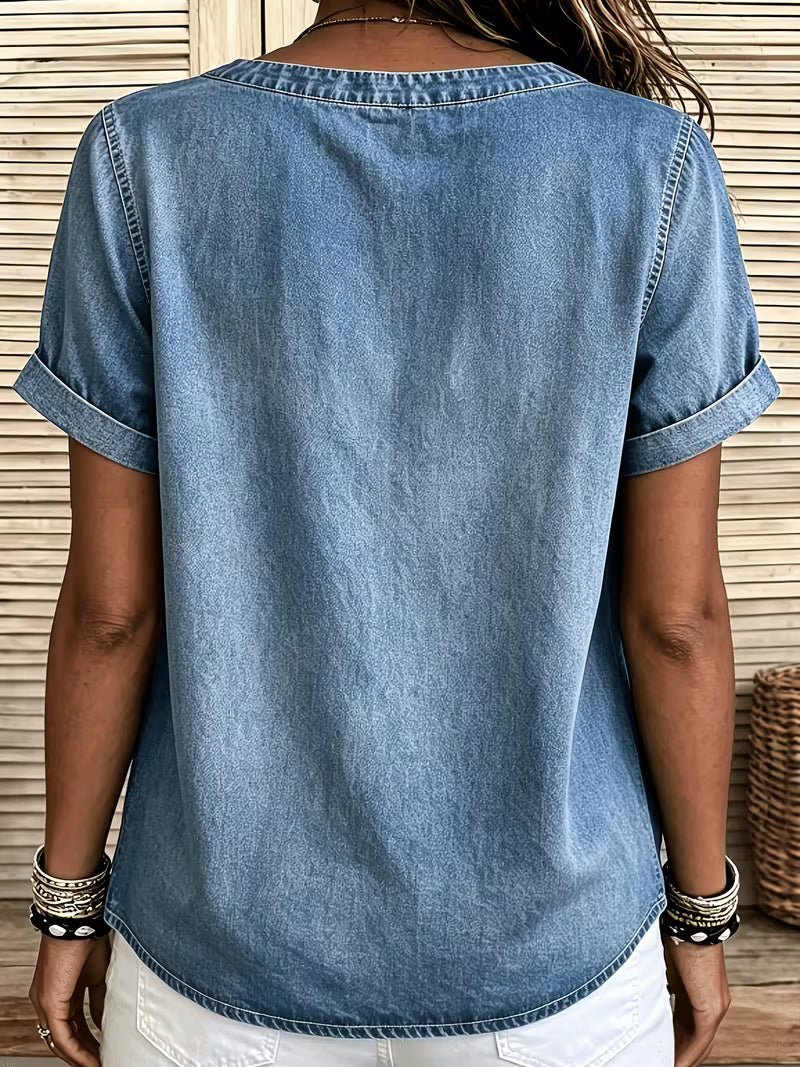 Ferina - Distressed Short Sleeve Denim Top