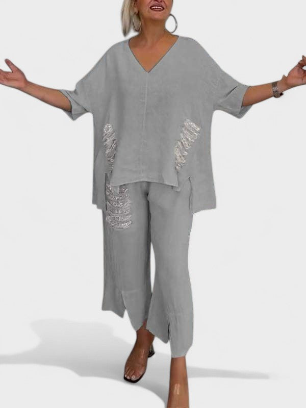 Raisa - V-Neck Two Piece Set For Summer