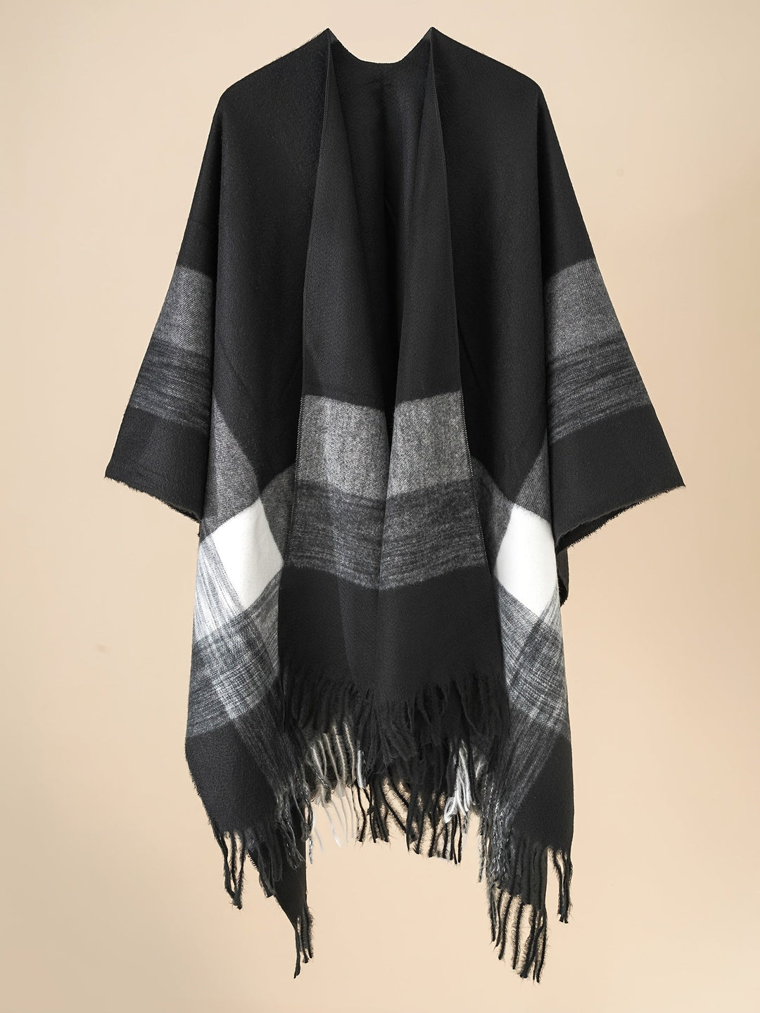 Lirelle - Geometric Pattern Fringed Poncho Shawl Wrap