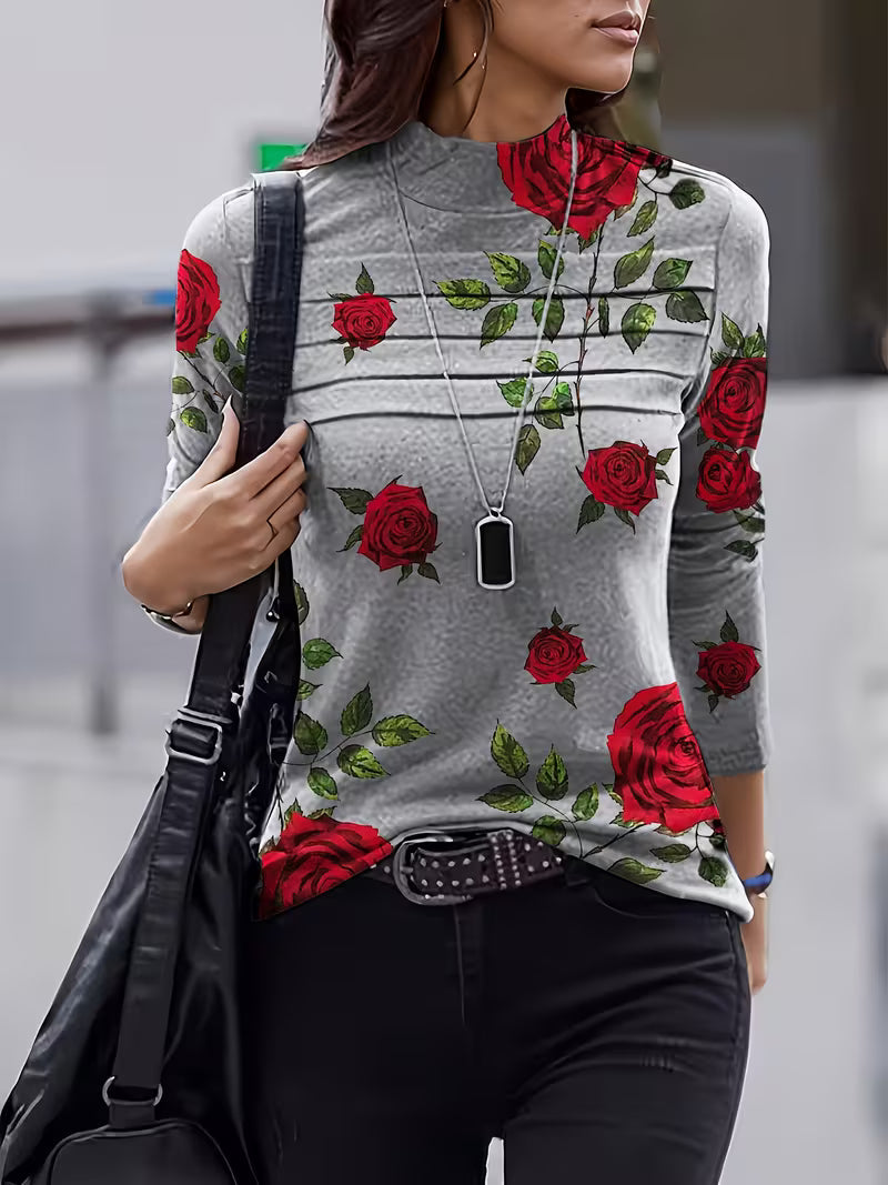 Geneora - Floral Print Mock Neck Top