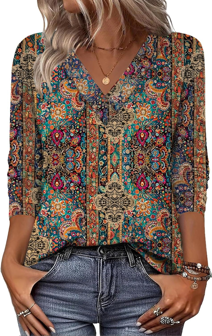 Eleeza - Retro Printed V-Neck Blouse