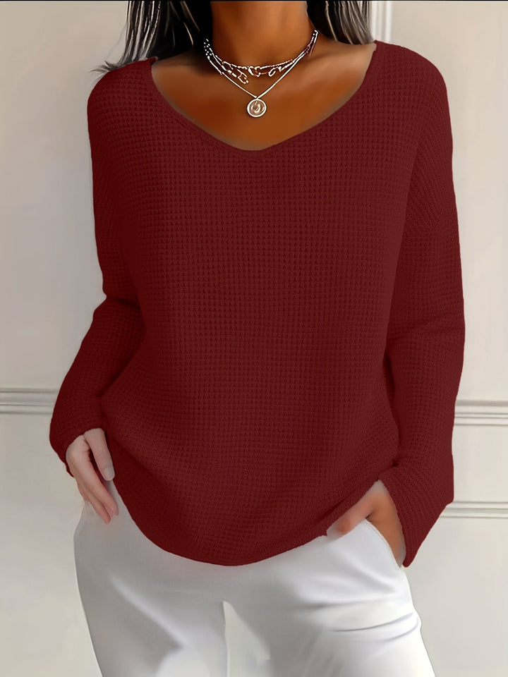 Aveliea - Waffle Long Sleeve V-Neck Shirt