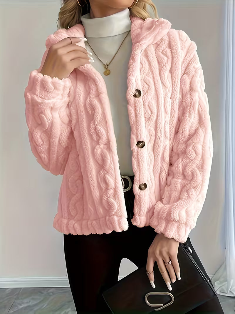 Rosaella - Cable Textured Fuzzy Teddy Jacket