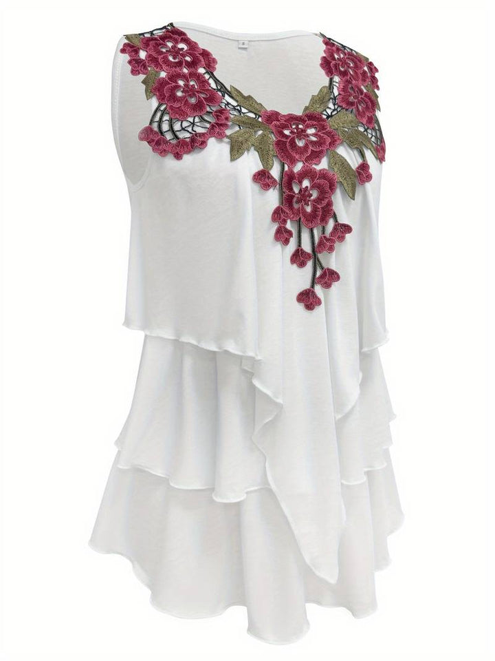 Verunka - Summer V-Neck Soluble Lace Patchwork Ruffled Blouse