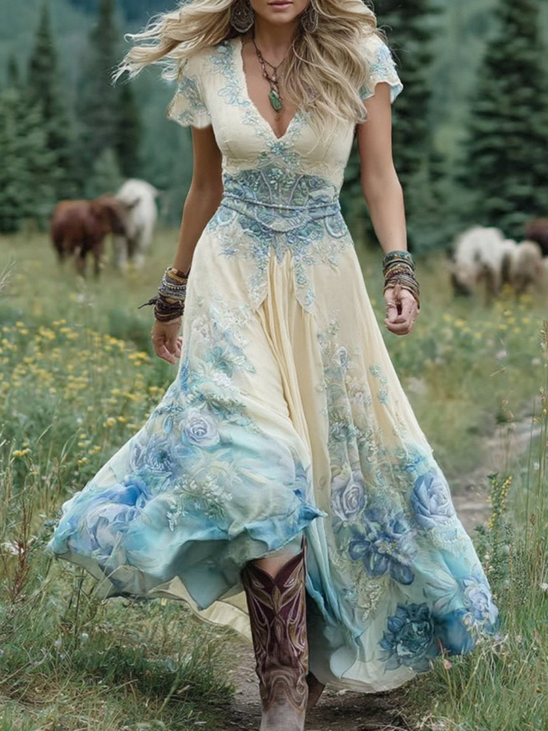 Marcina - Elegant Maxi Dress With Floral Hues