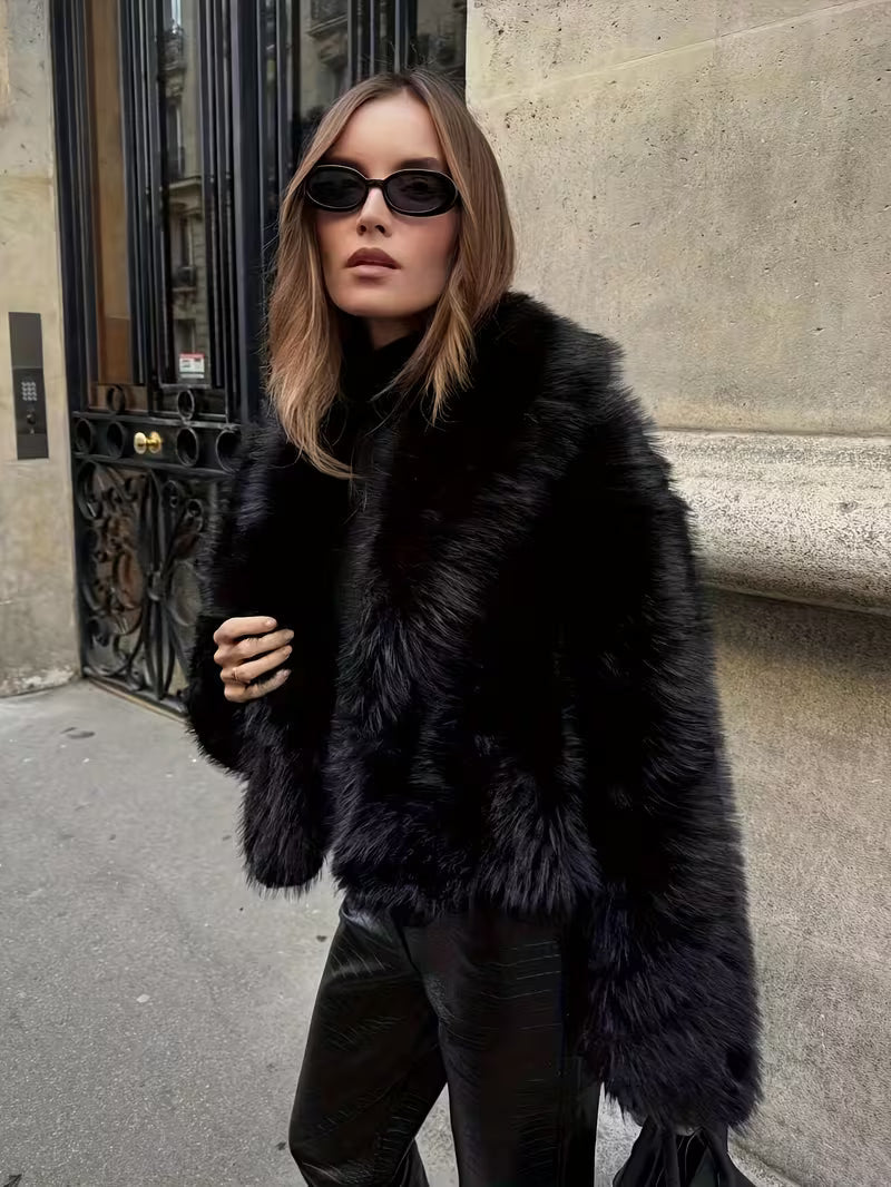 Gisenna - Faux Fur Oversized Cropped Lapel Jacket