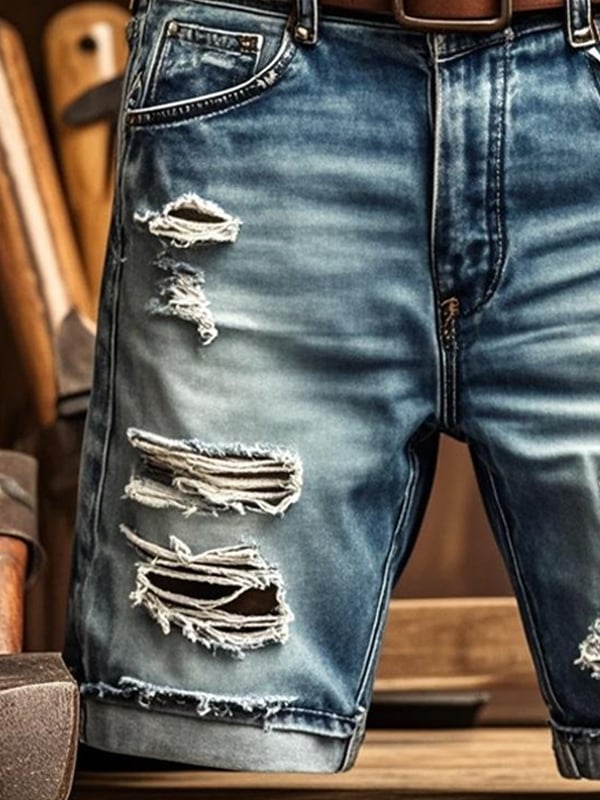 Men's Vintage Outdoor Functional Ripped Denim Shorts