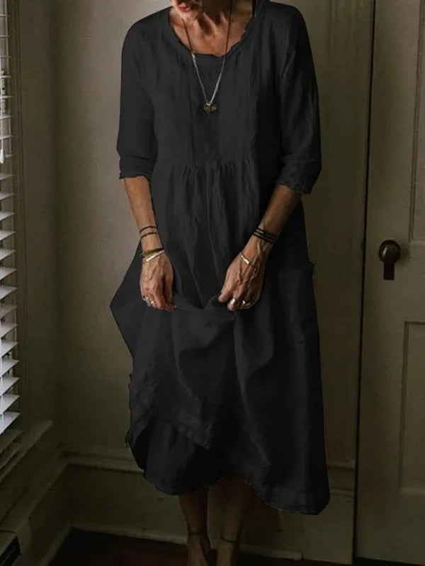 Tasoula - Elegant Linen Round Neck Dress