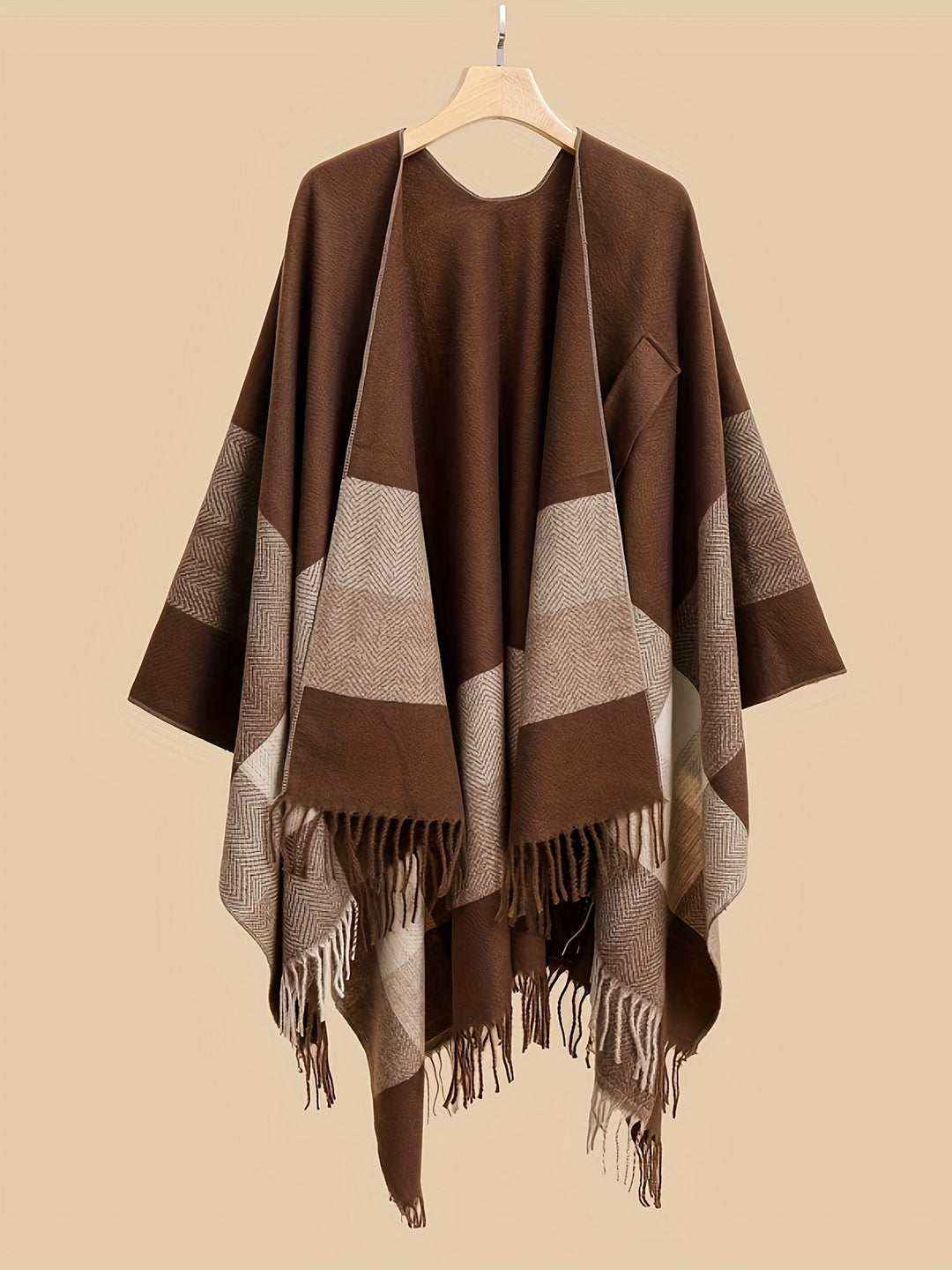 Lirelle - Geometric Pattern Fringed Poncho Shawl Wrap