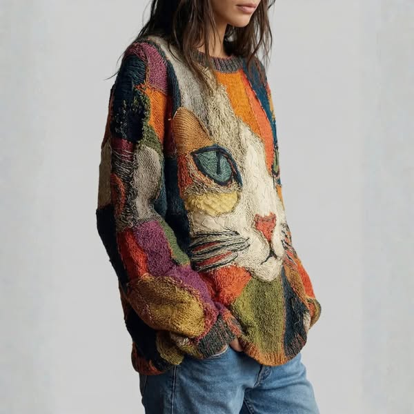 Kalisa - Casual Artistic Patchwork Cat Face Top