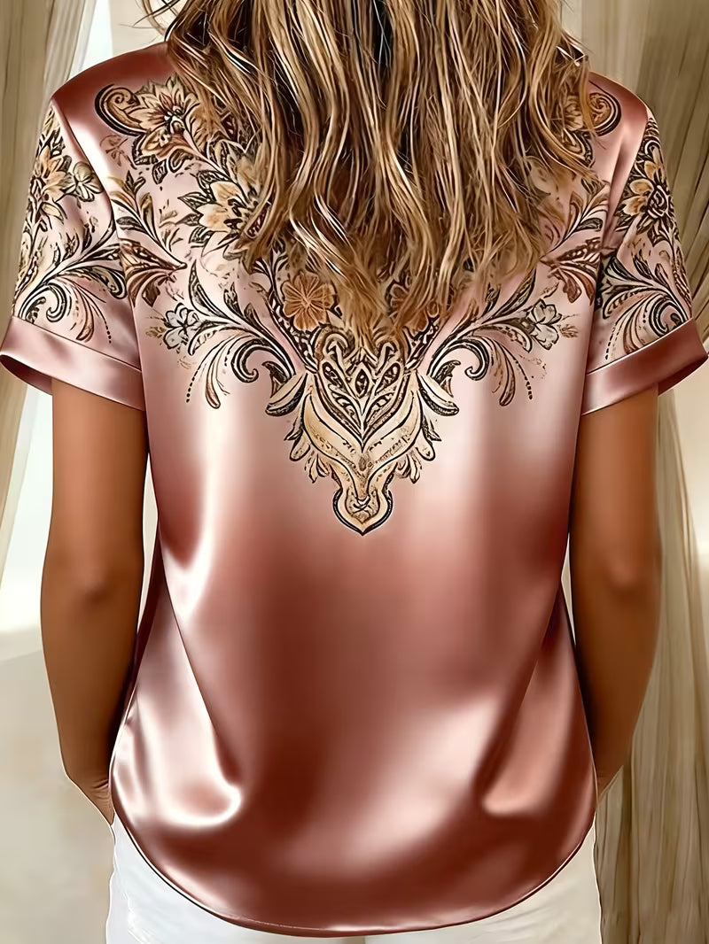 Zirmela - Floral Satin Print Button-Up Top