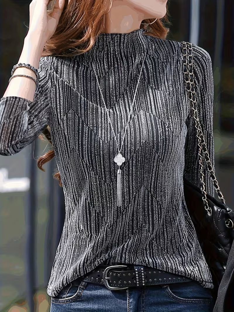 Idaletta - Long Sleeve Metallic Textured Top