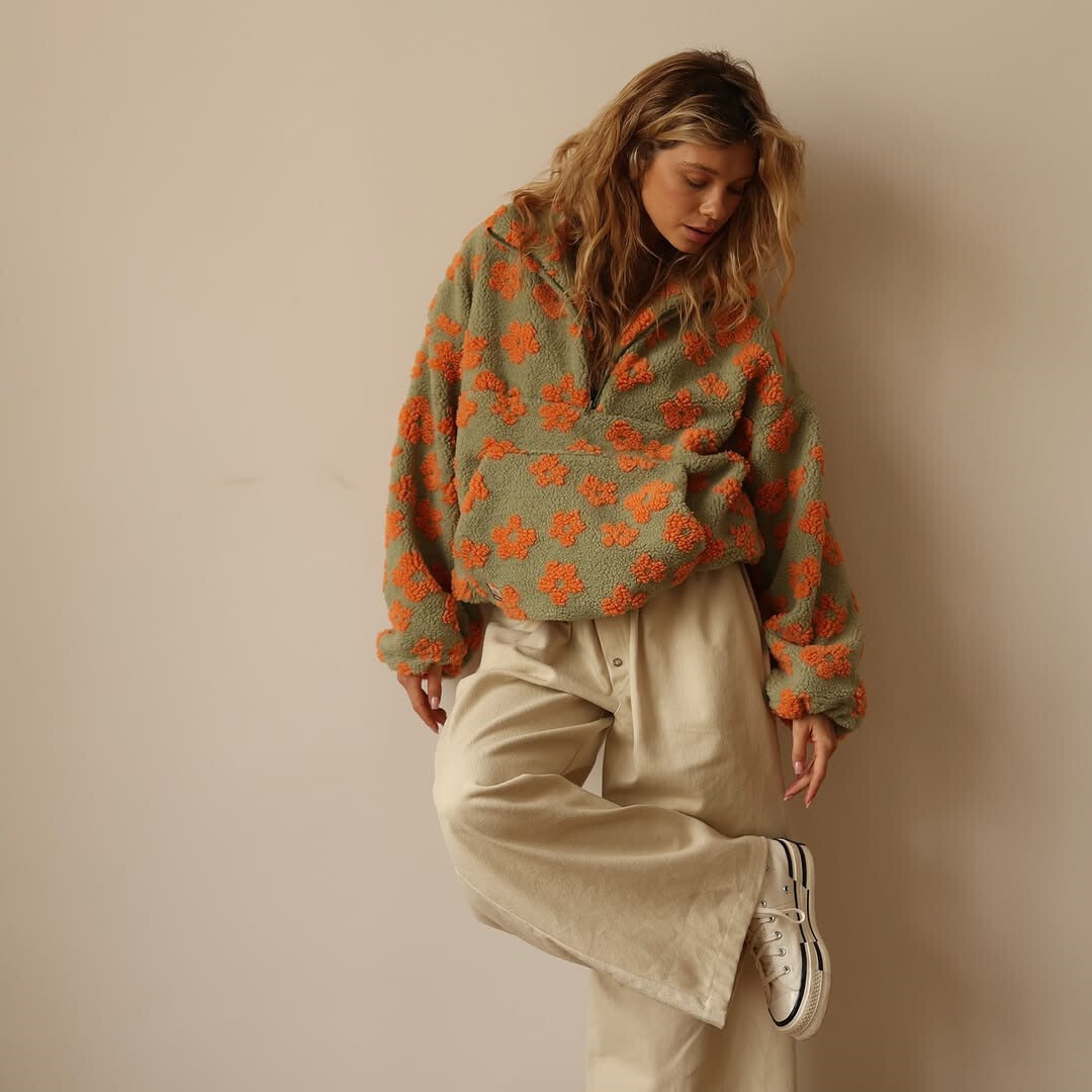 Azelma - Long Sleeve And Floral Print Fleece Sweater