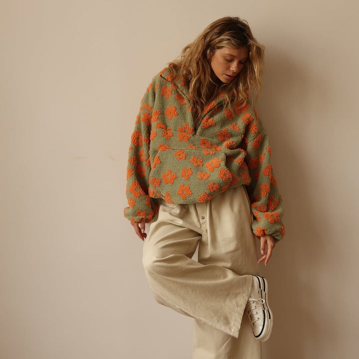 Azelma - Long Sleeve And Floral Print Fleece Sweater