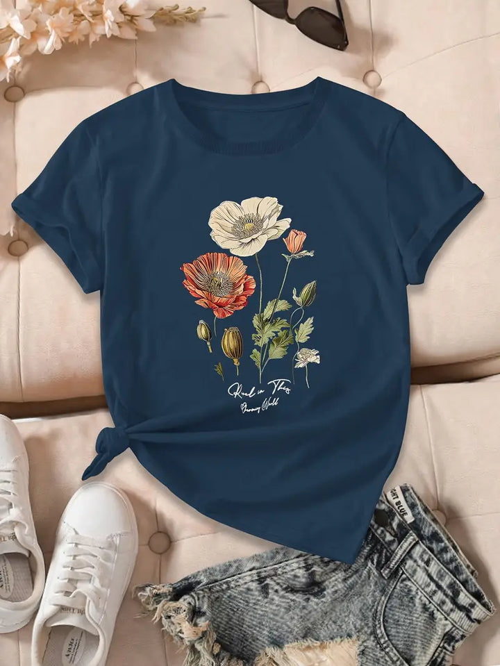 Aimilia - Elegant Short Sleeve T-Shirt With Floral Print