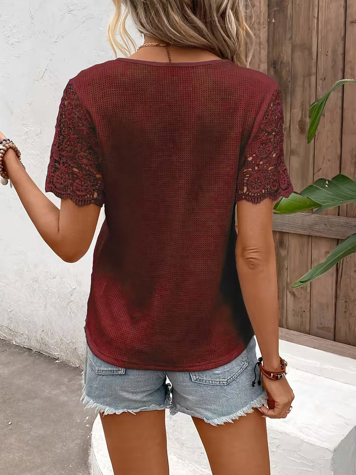 Sinna - Short Sleeve And V-neck Lace Panel Top
