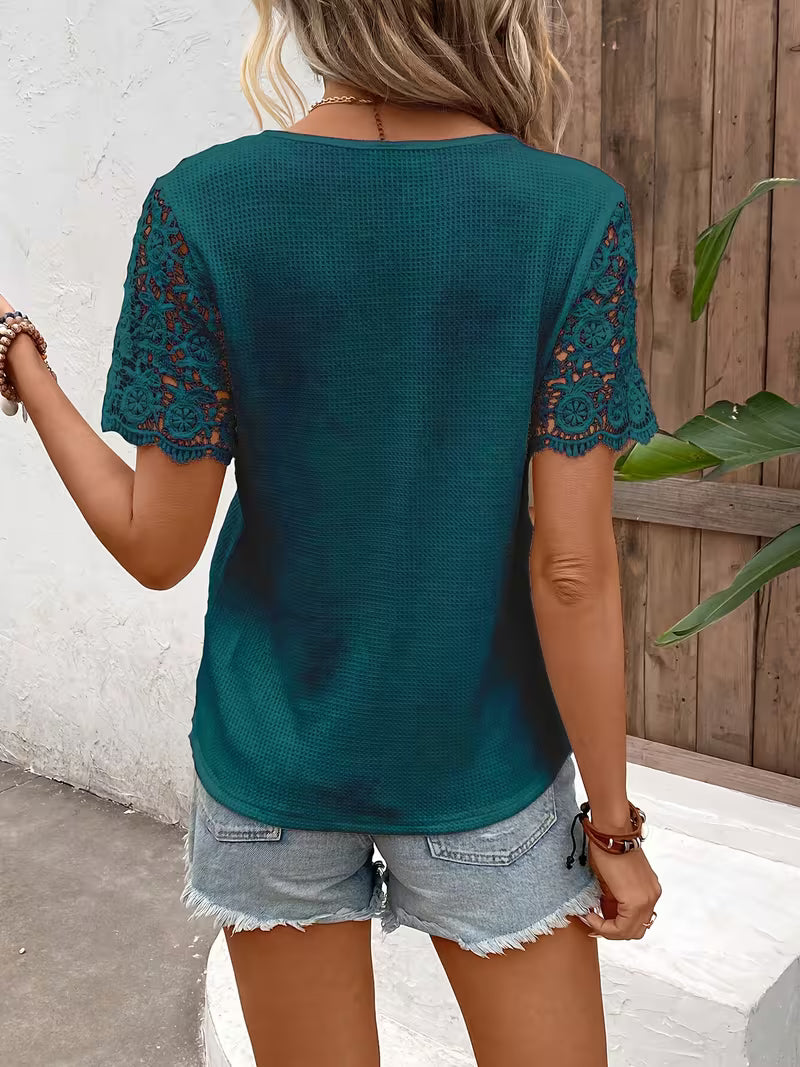 Sinna - Short Sleeve And V-neck Lace Panel Top