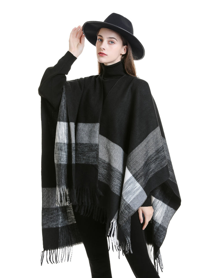 Lirelle - Geometric Pattern Fringed Poncho Shawl Wrap