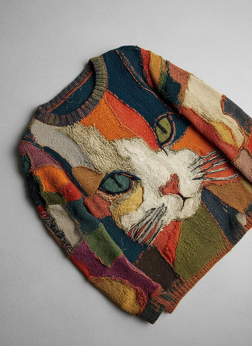 Kalisa - Casual Artistic Patchwork Cat Face Top