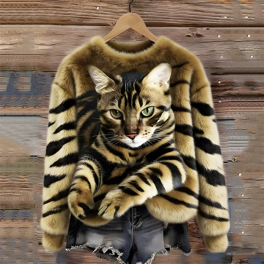 Melietta - Faux Fur Sweater With Cat Print