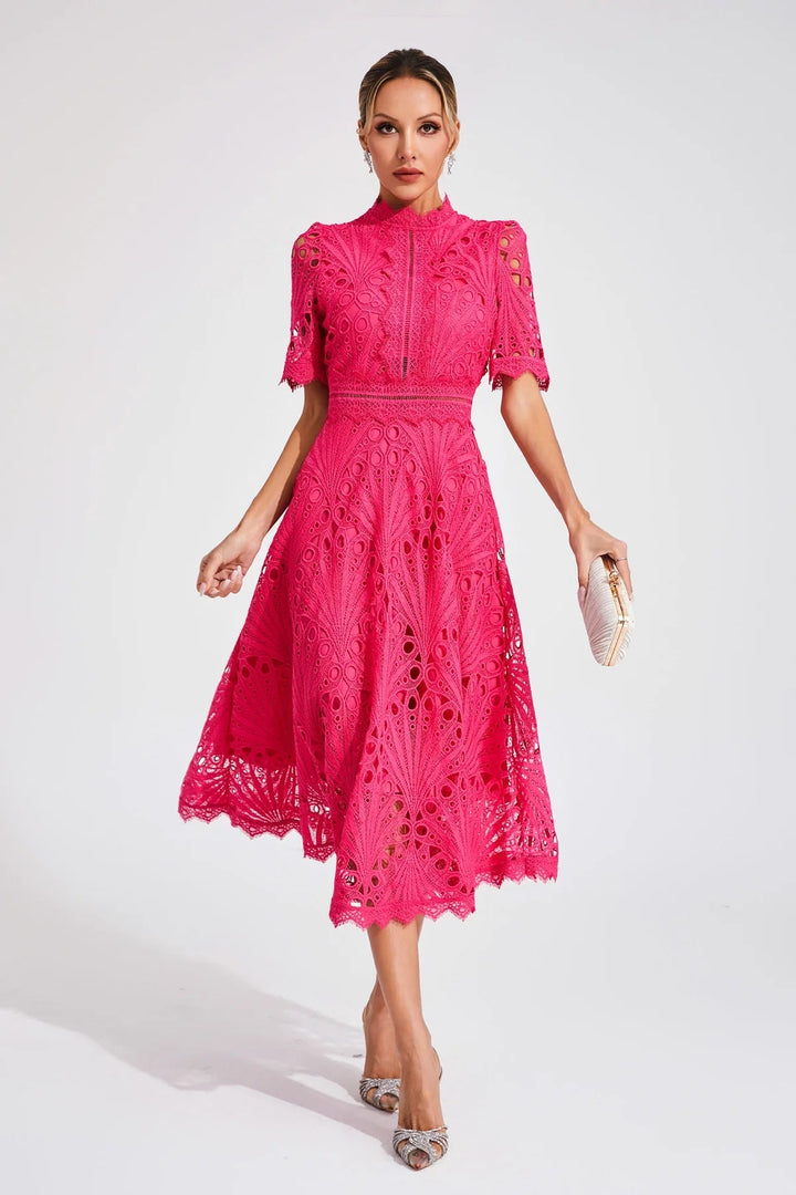 Vorelle - Casual Flower Embroidery Short Sleeve Dress