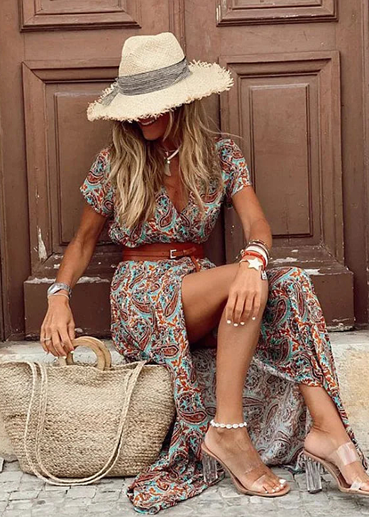 Briony - Elegant Paisley Print And Belted Long Dress