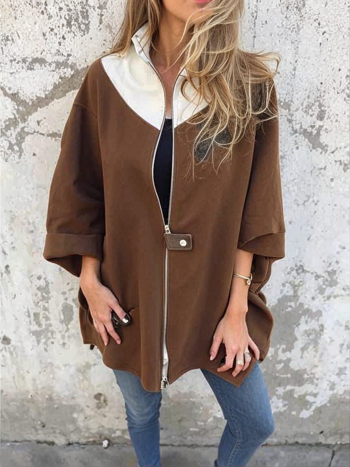 Francina - Loose Zipper Stand-Up Collar Coat