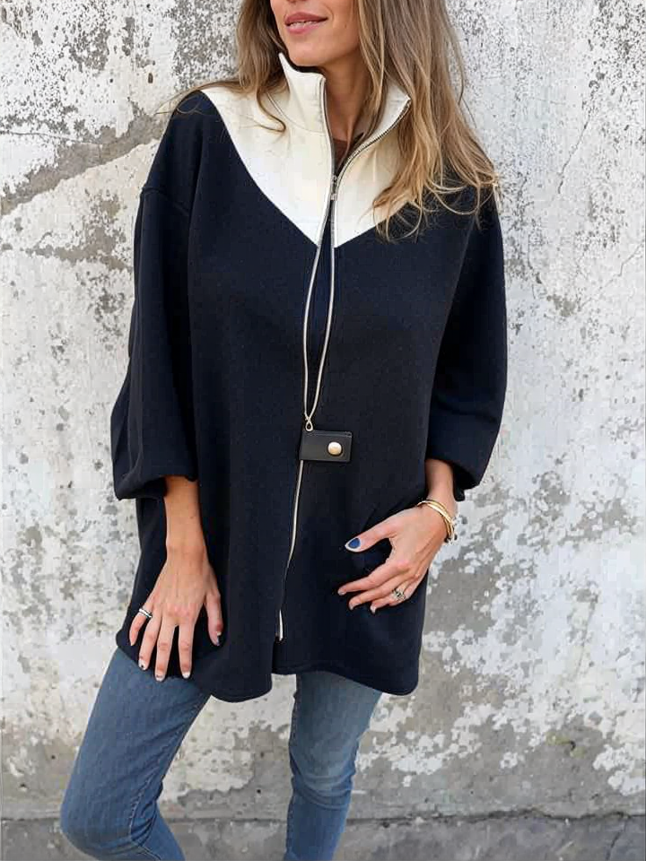 Francina - Loose Zipper Stand-Up Collar Coat