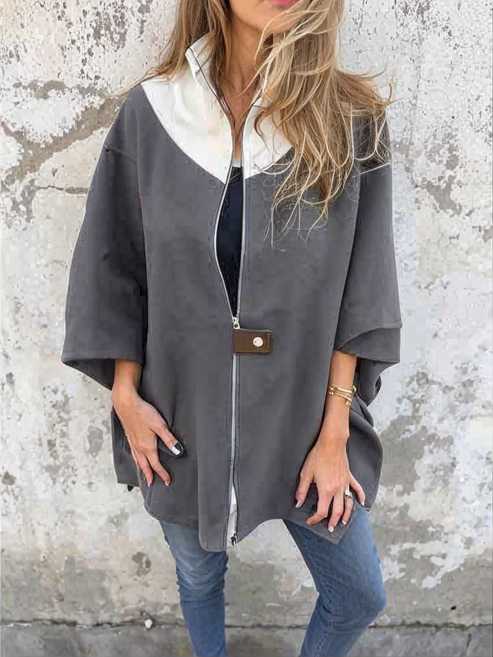 Francina - Loose Zipper Stand-Up Collar Coat