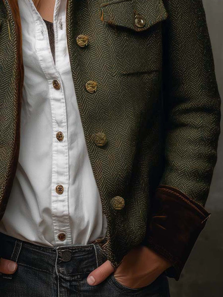 Miraisa - Herringbone Button-Up Jacket With Contrast Cuffs