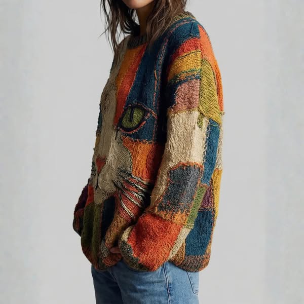 Kalisa - Casual Artistic Patchwork Cat Face Top