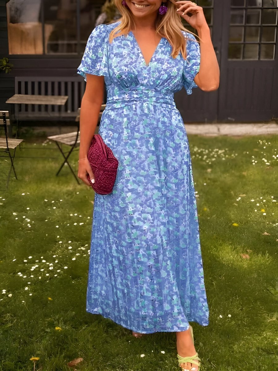 Sampaio - Elegant V-Neck Dress With Floral Print