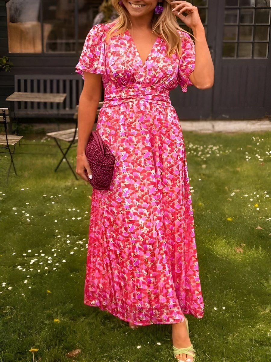 Sampaio - Elegant V-Neck Dress With Floral Print