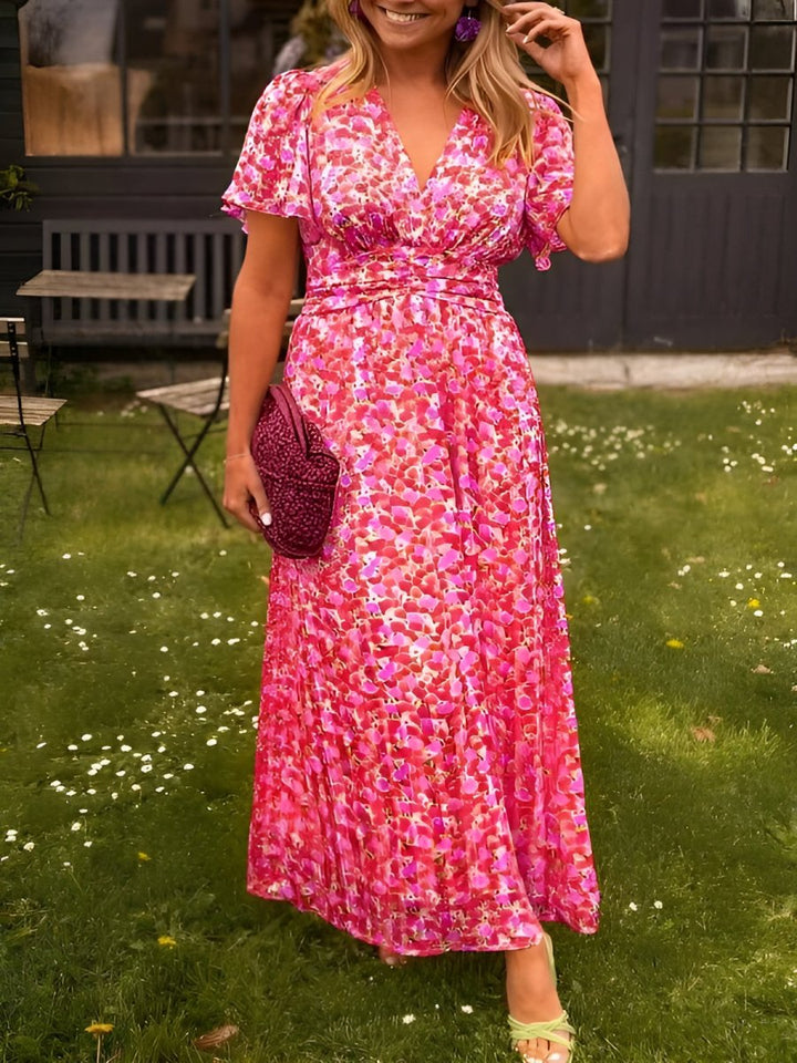 Sampaio - Elegant V-Neck Dress With Floral Print