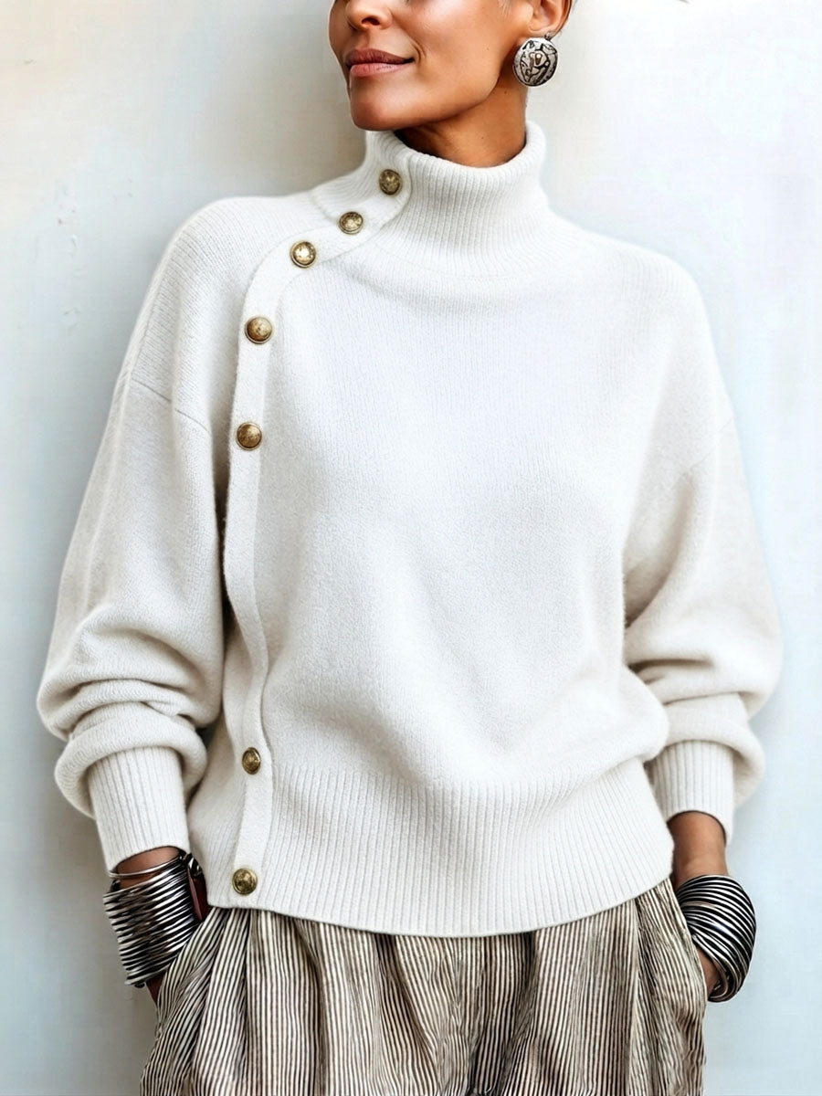 Idalisa - Turtleneck Button Trim Long Sleeve Sweater