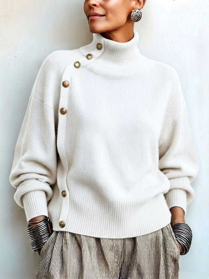 Idalisa - Turtleneck Button Trim Long Sleeve Sweater