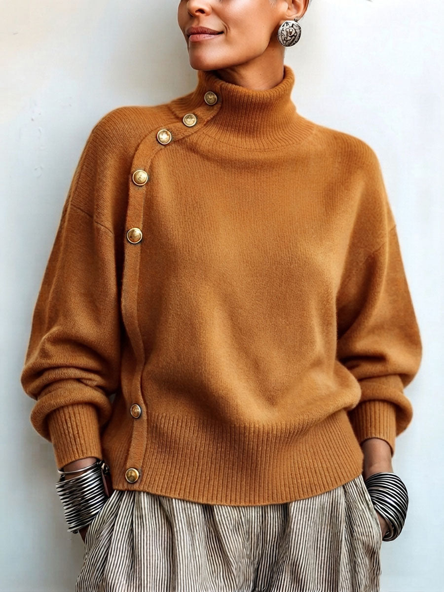 Idalisa - Turtleneck Button Trim Long Sleeve Sweater